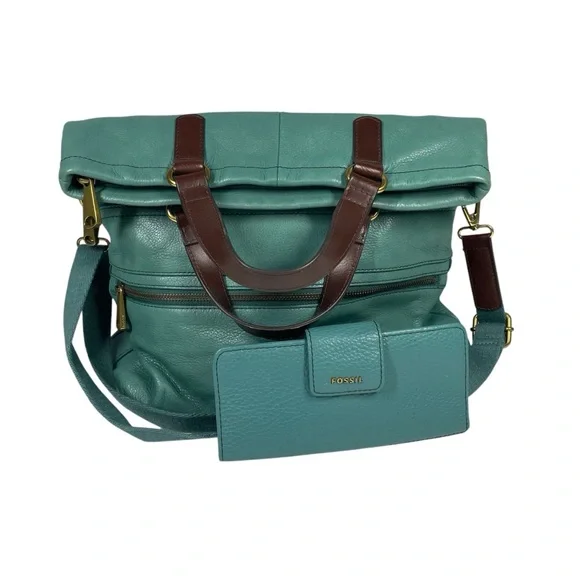 Fossil Fold Over Explorer Tote Bag Purse Teal Crossbody Handbag & Madison Wallet - Picture 1 of 10